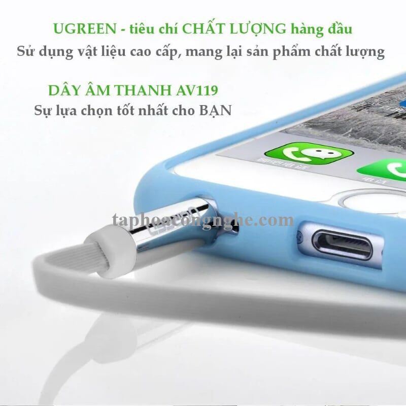 Ugreen 10761 5M màu trắng Dây Audio 3.5Mm Dẹt Mạ Vàng 1 Đầu Vuông 90 Tpe AV119 30010761